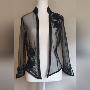 Jovani Black Sheer Beaded Evening Jacket Satin Trim Floral Applique Dark Glam